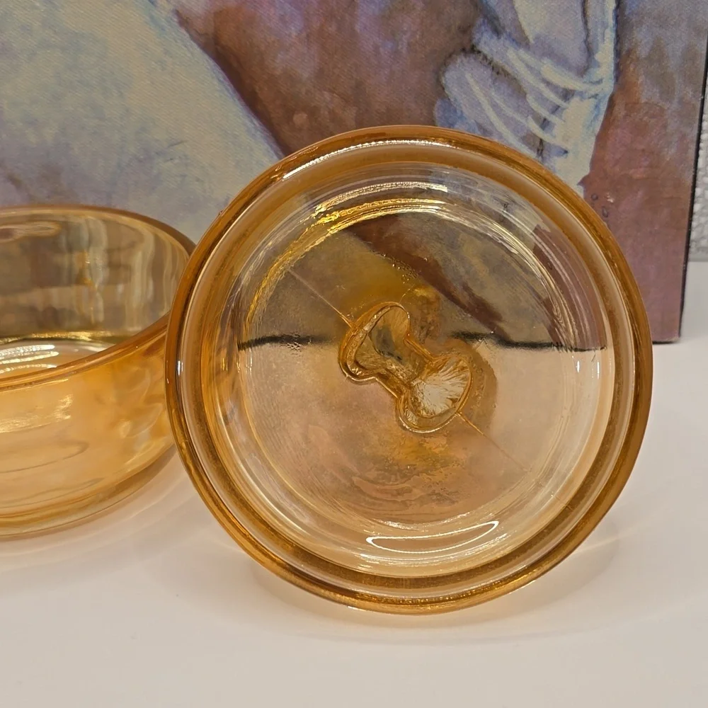 Vintage Lustre Marigold Carnival Glass Jeannette French Poodle Trinket Box Dish